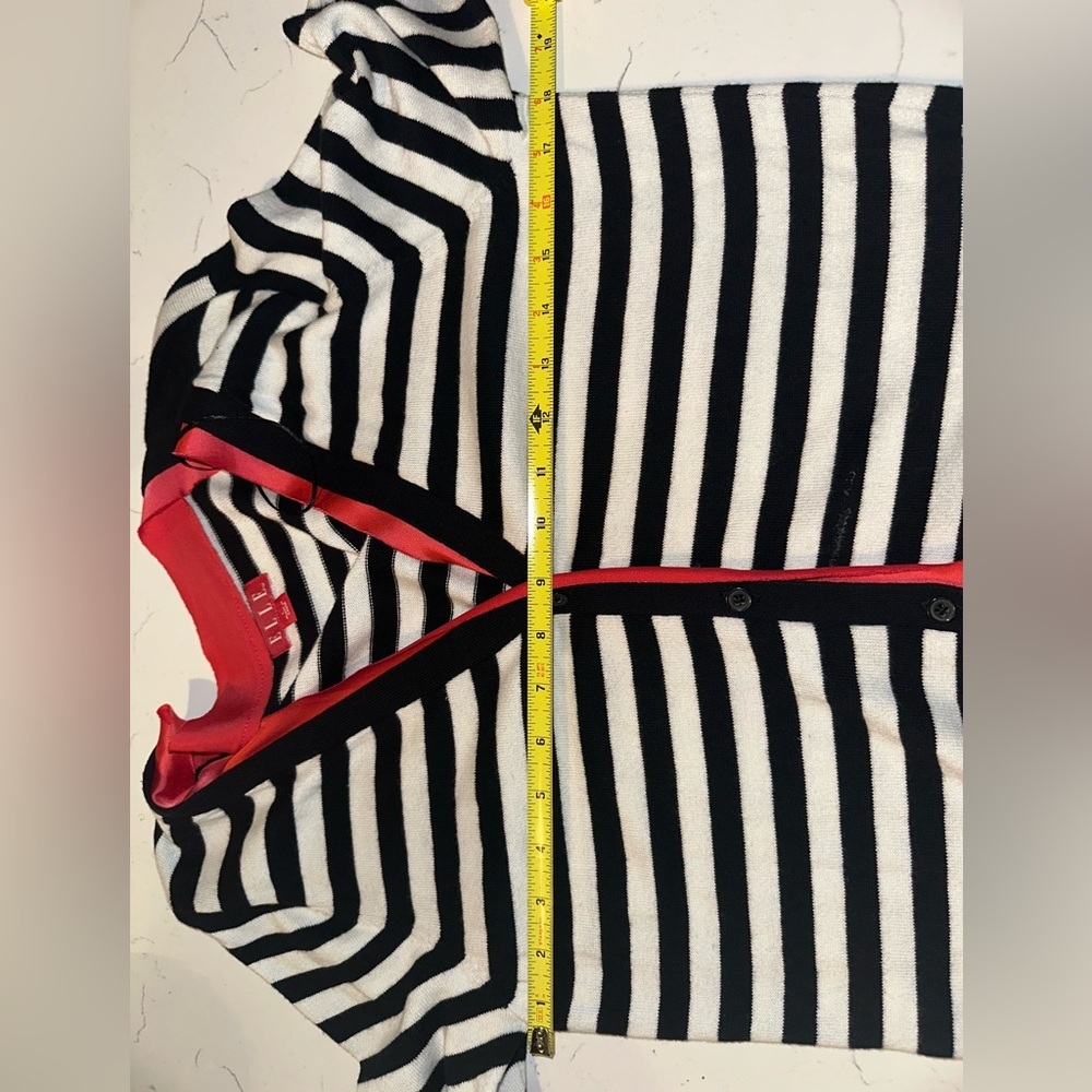 ELLE Black and White Striped w Red ruffle  Button Up Cardigan Sweater Women’s L - Picture 5 of 6